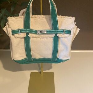 Sunwin Canvas Boatkin Inspired Belted Tote Bag Cream Green Trim
